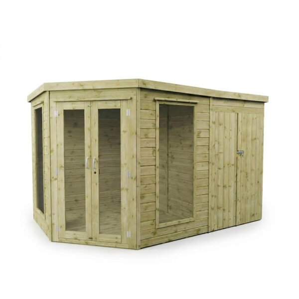 WALTONS | 11x7, 12x8, 13x9 Wooden Corner Summerhouse with Side Shed | Shiplap Tongue & Groove Garden Room, Flat Roof, Double Door Outdoor Sunhouse