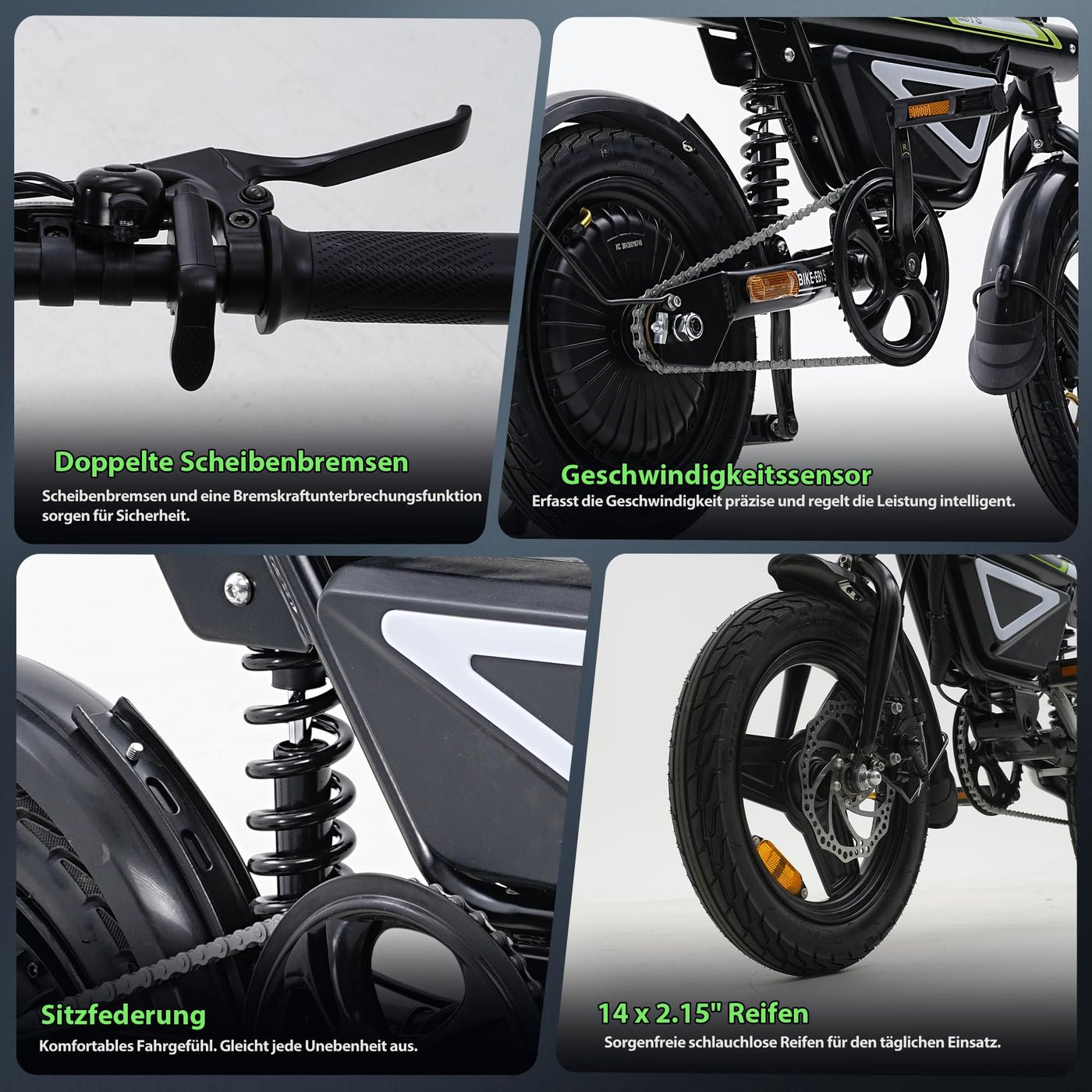 Finbike E-Bike Klapprad 14 Zoll, Elektrofahrrad mit 36V 12Ah Akku für Herren & Damen, 50KM Reichweite, 250W Motor, APP-Steuerung, Faltbares City Bike mit LED-Licht, Leicht & Kompakt für Pendler