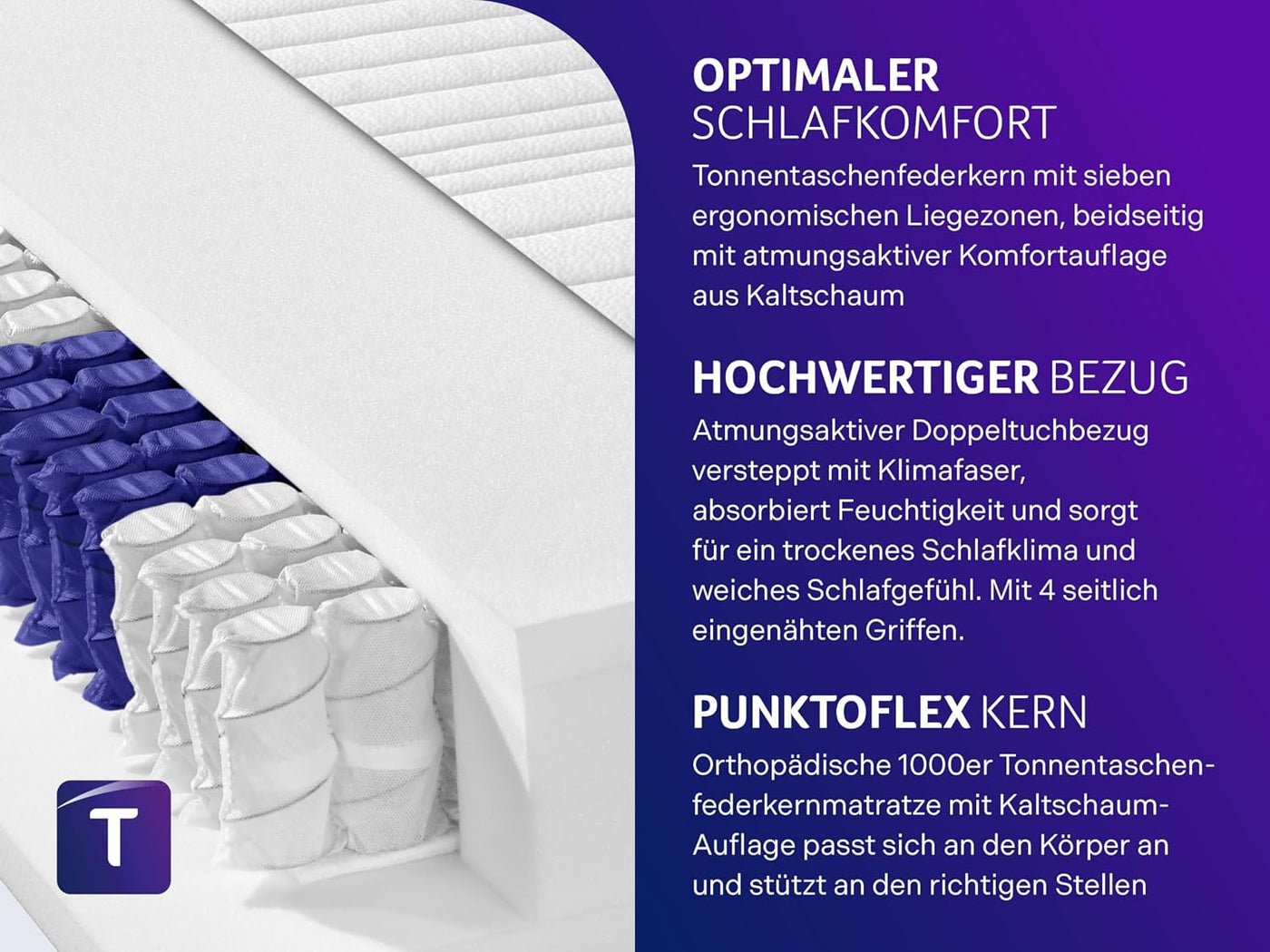 Traumnacht Exklusiv 7-Zonen 1.000er Tonnentaschenfederkernmatratze, Stiftung Warentest Testurteil Gut - Ausgabe 10/2023, 23 cm Premiumhöhe, Öko-Tex